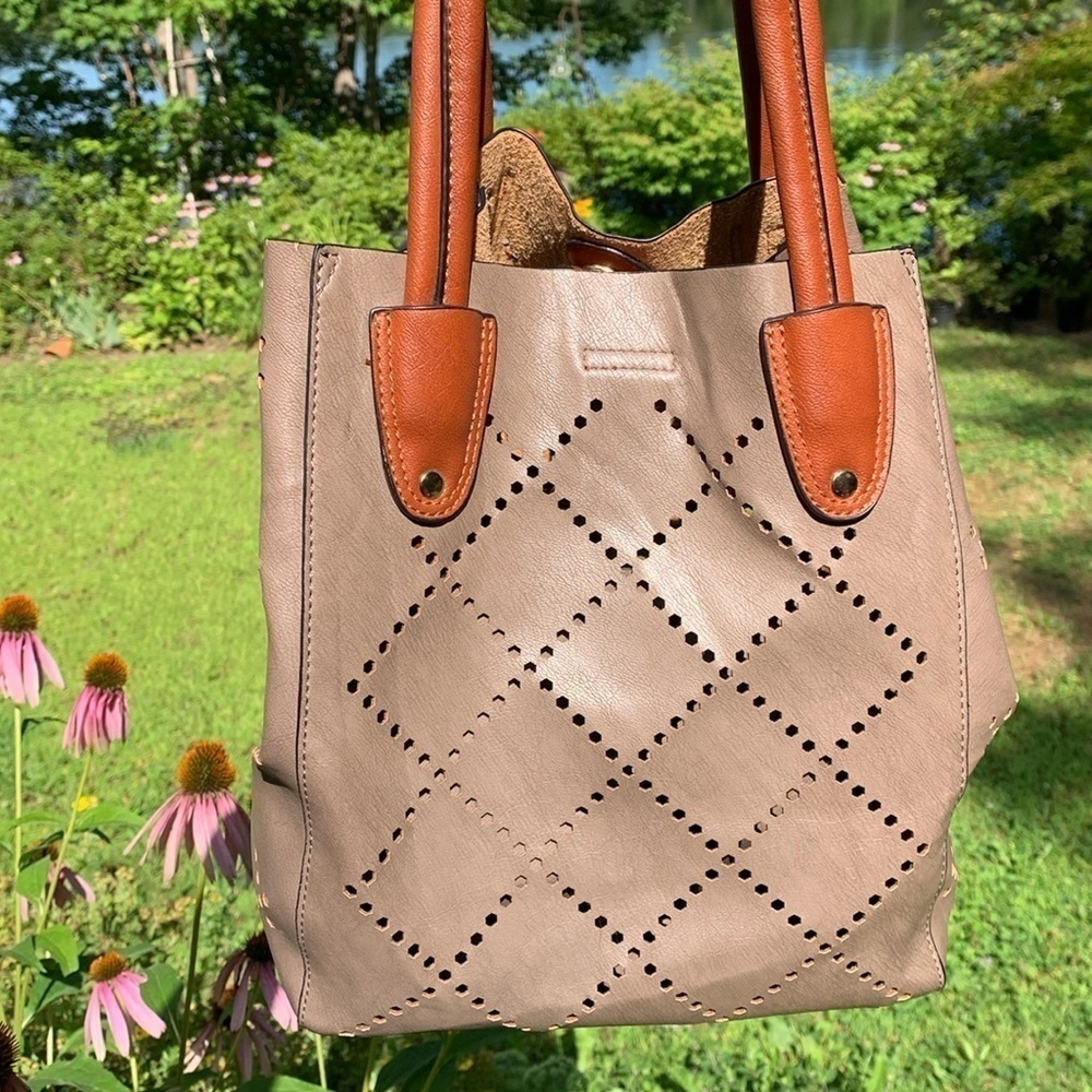 Louenhide Vegan Leather Handbag in Taupe w/Brown Trim w/Inside Zippered Pocket